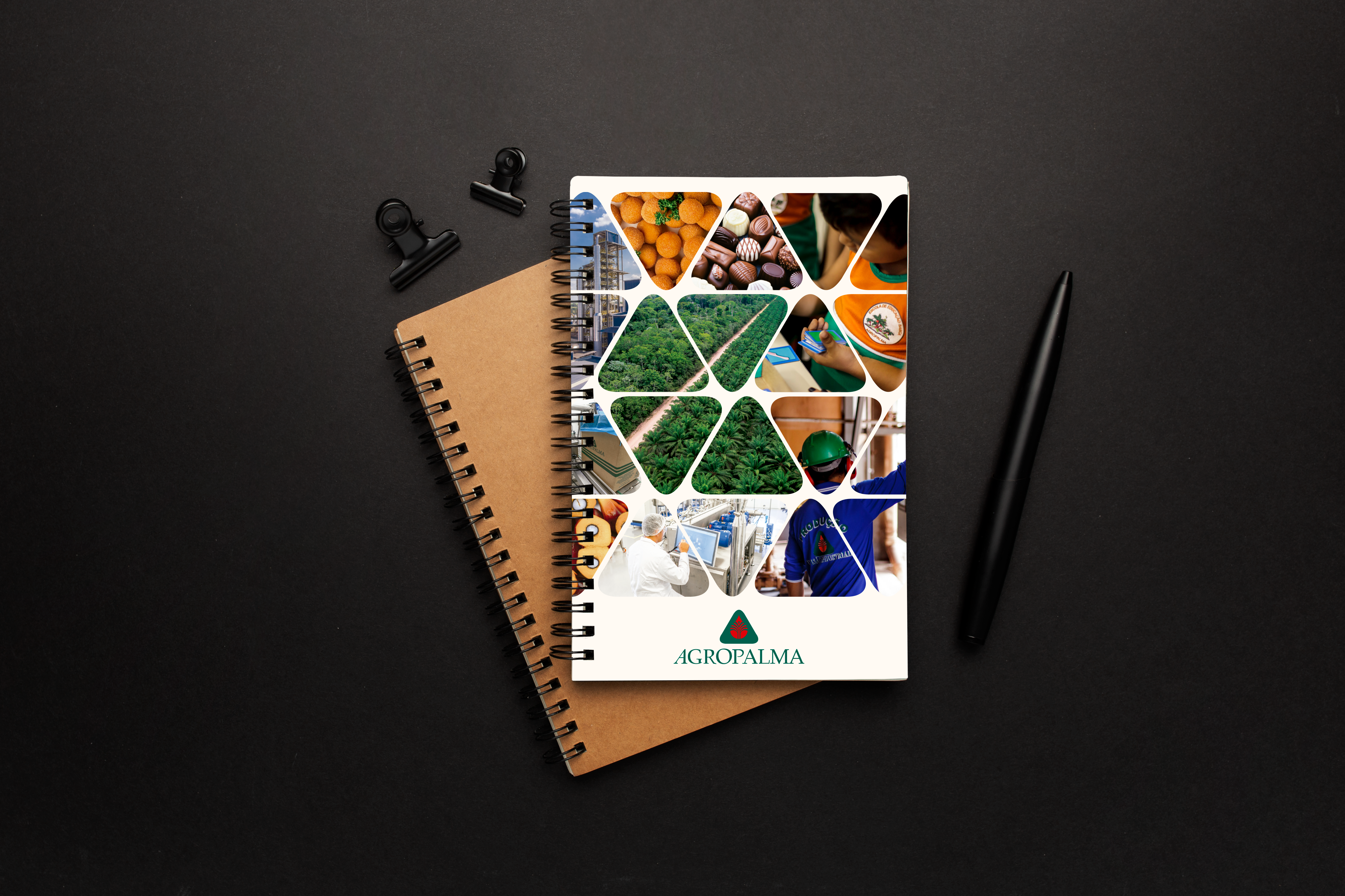 Caderno com capa dura e wire-o produzido para a empresa Agropalma
